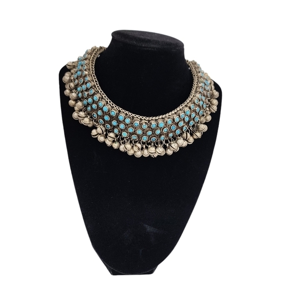 Rare Indian Antique Slivertone and Turquoise Necklace and Bracelet from 1950s - Picture 6 of 16